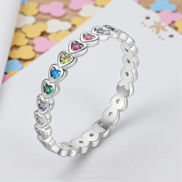 ποΈRainbow Heart Ring S925 Sterling Silver Dainty Minimalist Bundle Offer Sz 7.5 - Picture 12 of 14